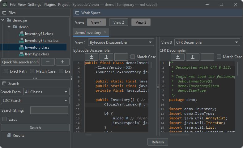 Bytecode Viewer 2.13.2 running on Windows, showing the Inventory class in the Bytecode Disassembler and CFR Decompiler.